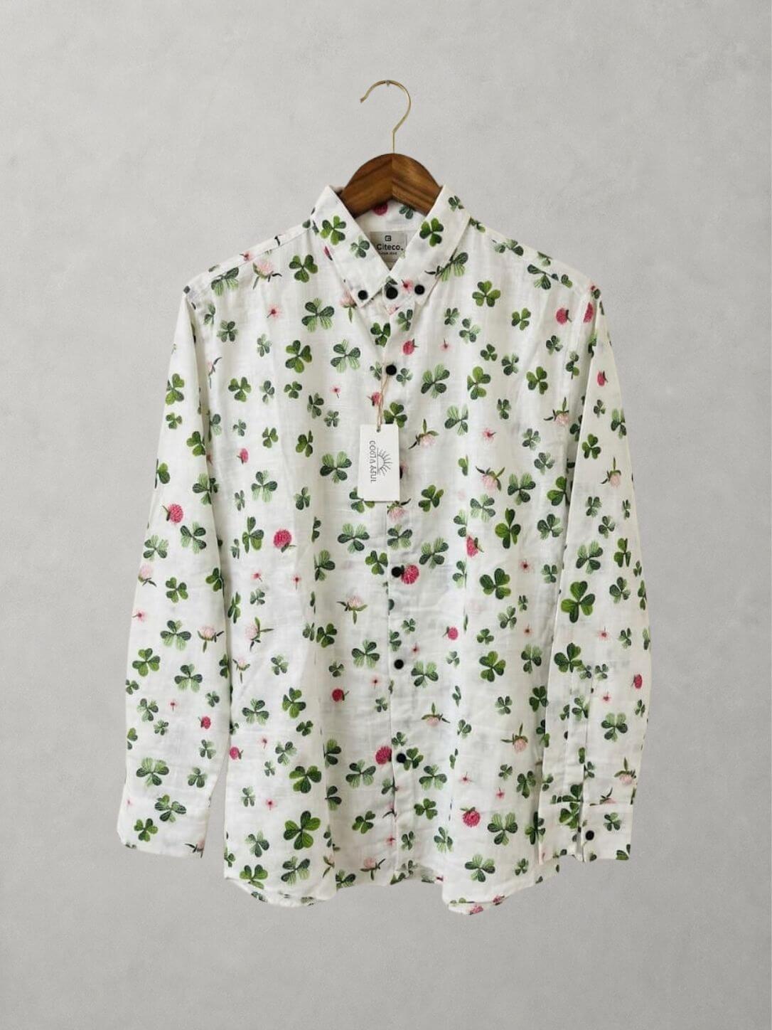 White clover print casual cotton shirt for men, button-down collar,
