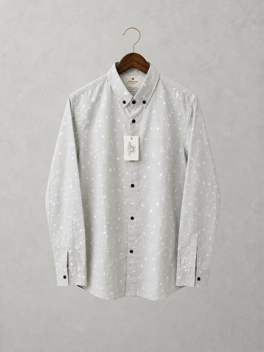 Grey star print casual cotton shirt for men, button-down collar,