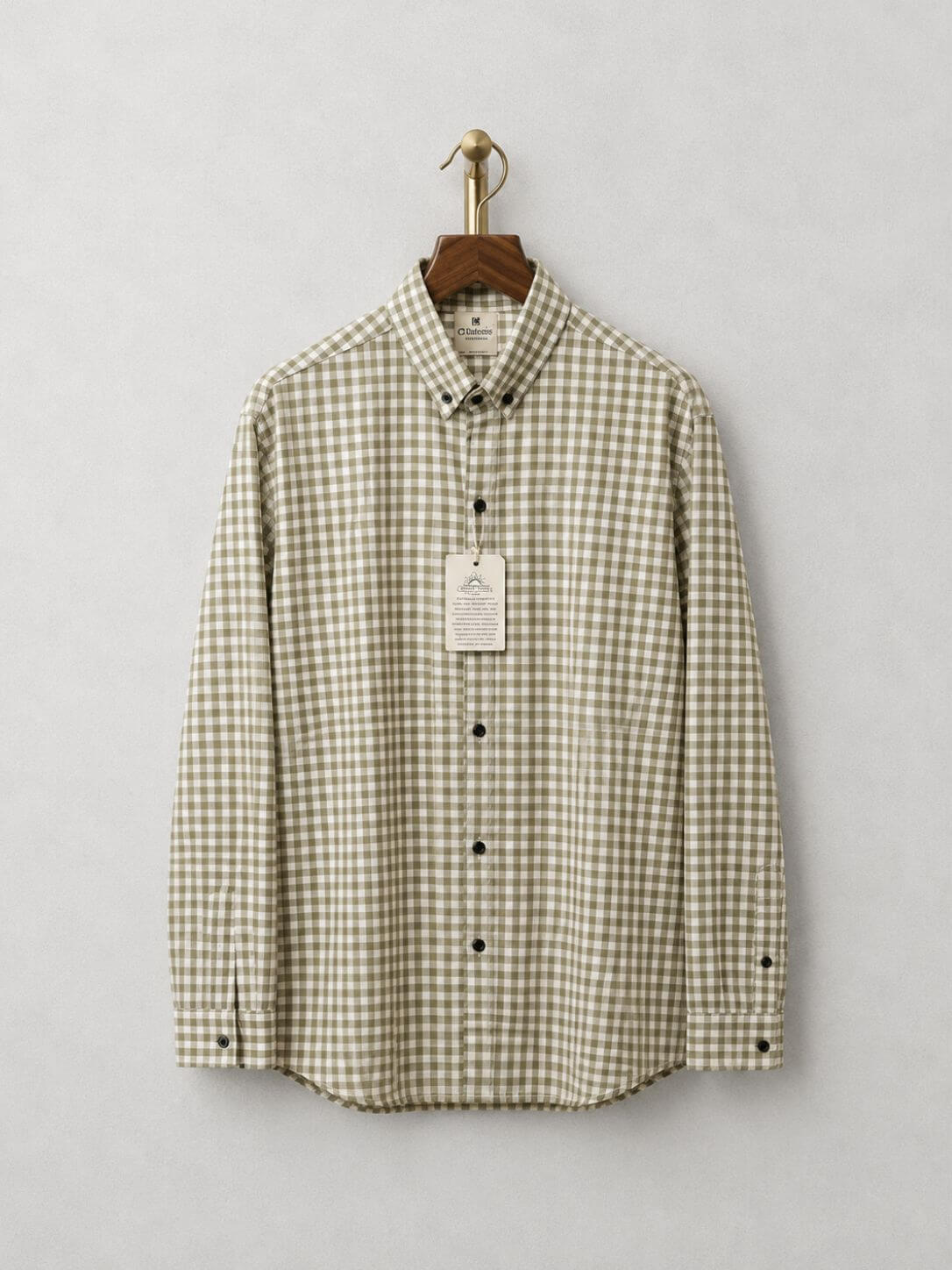 Green Gingham casual cotton shirt for men, button-down collar, Main image