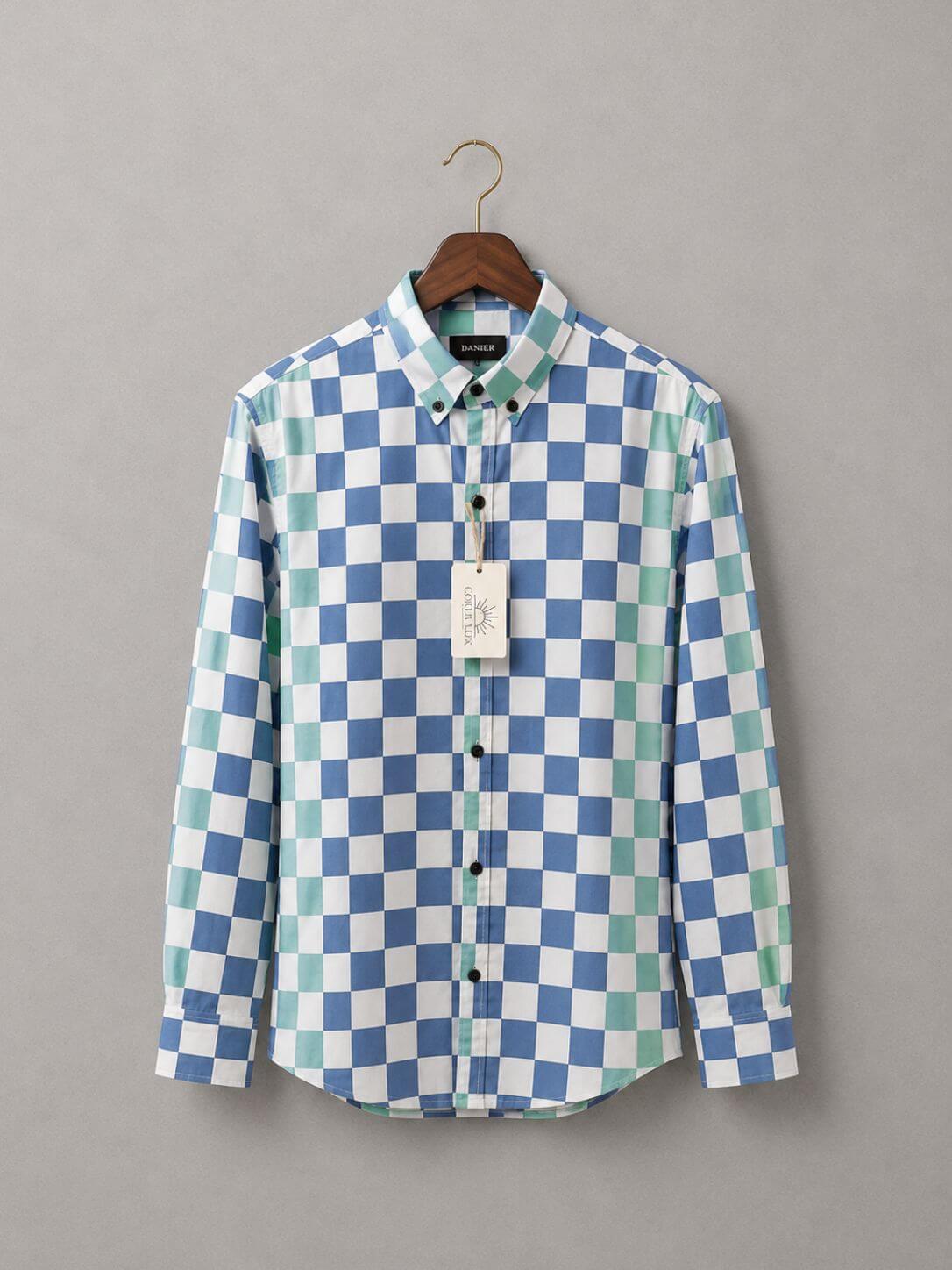 Green blue checker casual cotton shirt for men, button-down collar, Main image