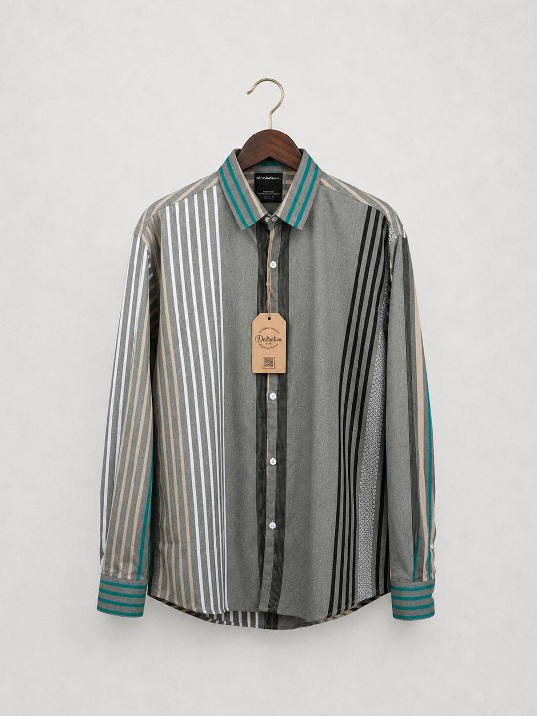 Grey panel stripe casual cotton shirt for men, button-down collar