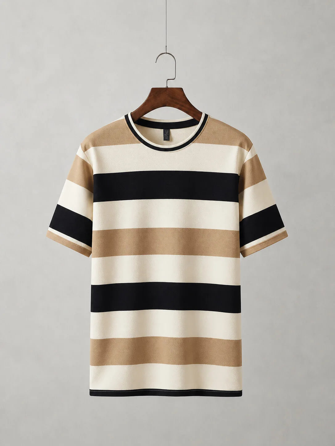 Camel, black and ivory block stripe old money t-shirt for men