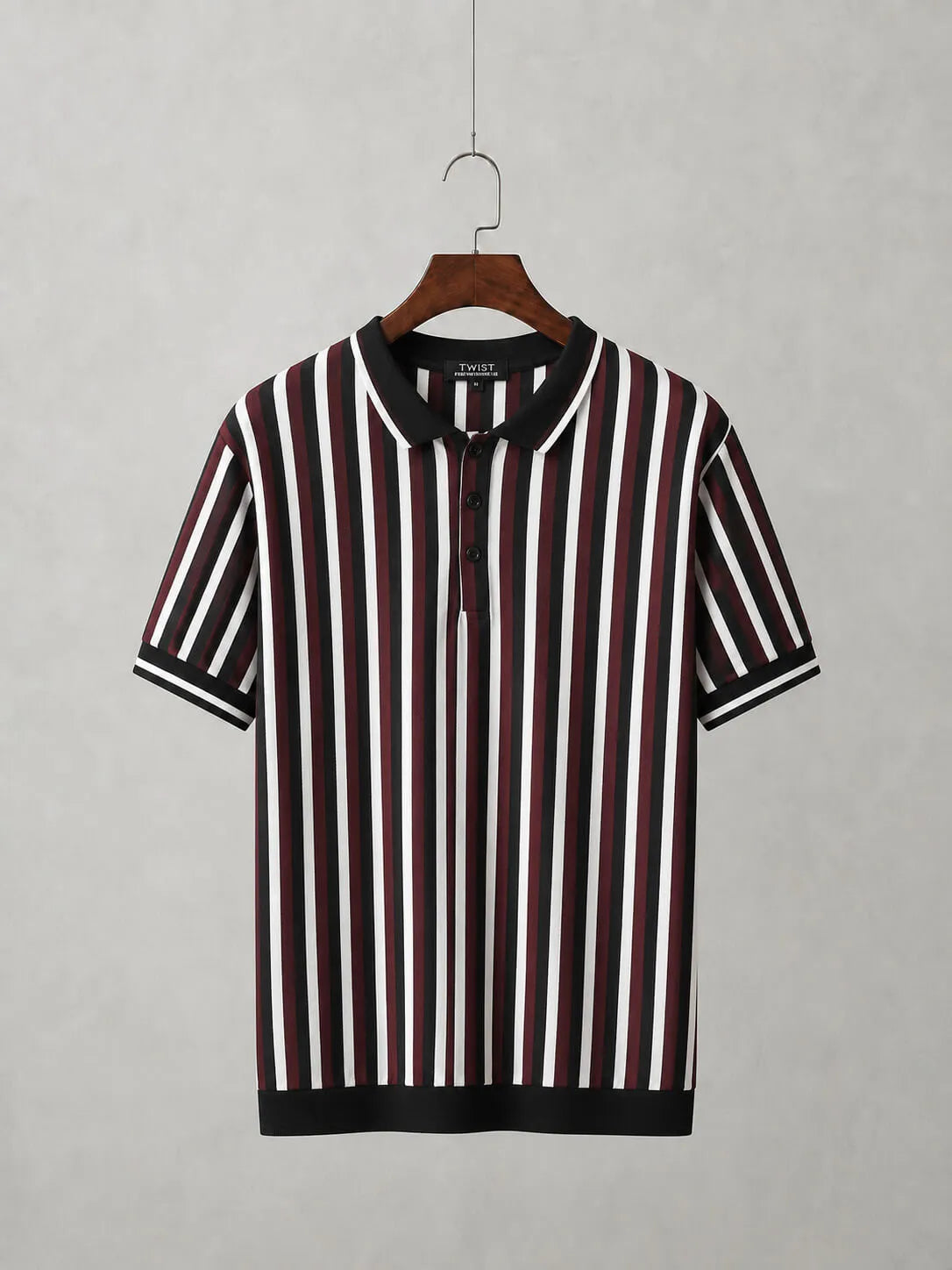 Maroon, black and white vertical stripe old money polo shirt for men Main image