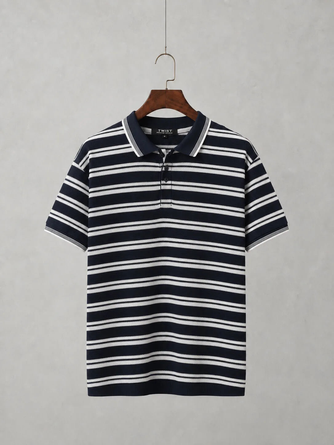 Navy and white horizontal stripe old money polo shirt for men Main image