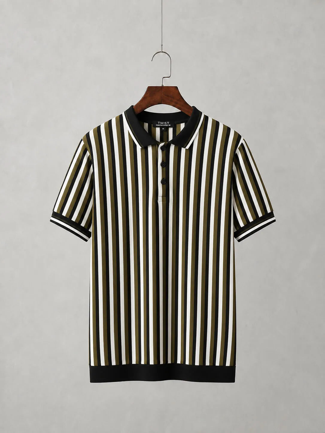 Olive, black and white vertical stripe old money polo shirt for men
