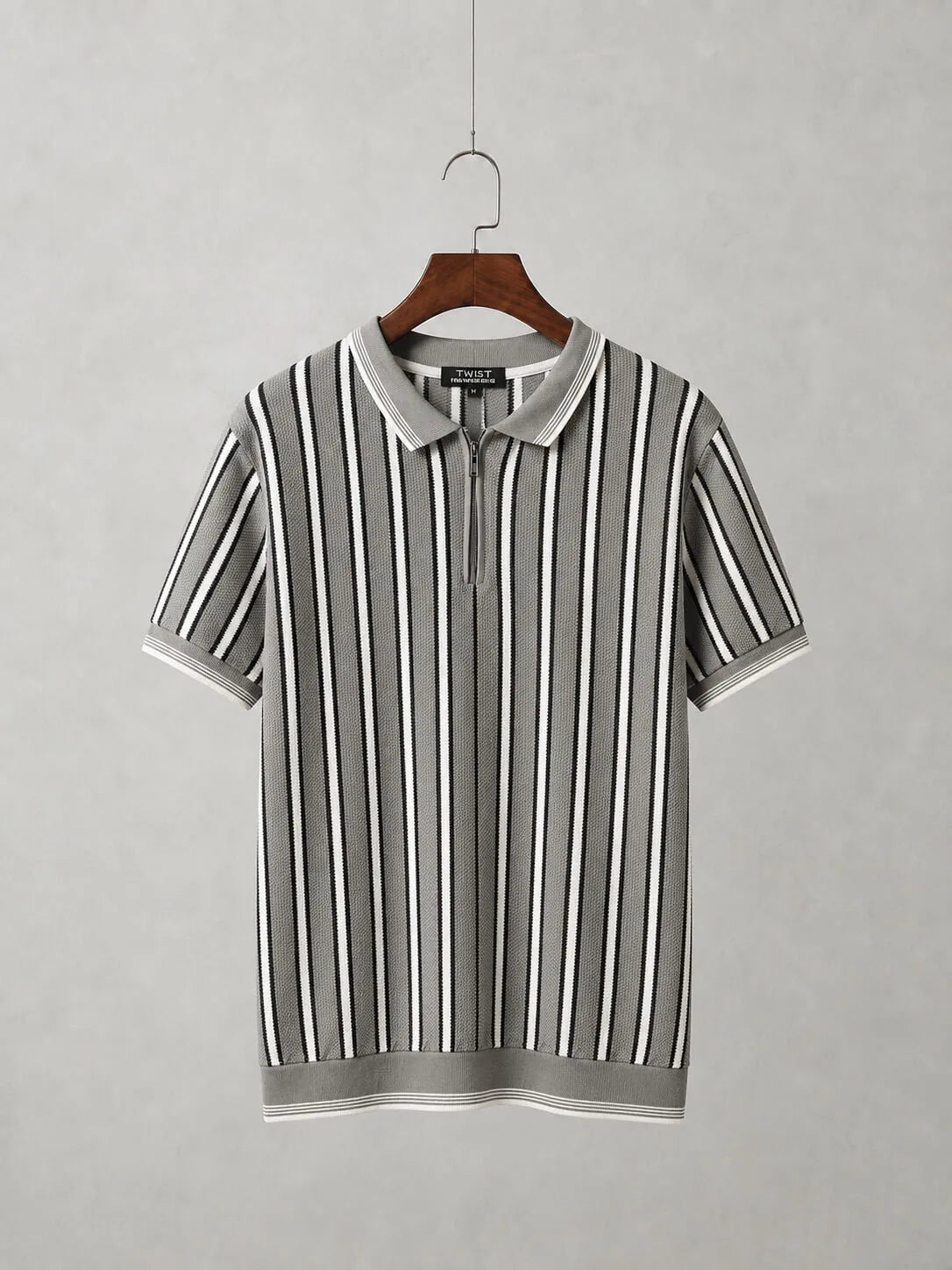 Grey, black and white vertical stripe zip-neck old money polo shirt for men Main image